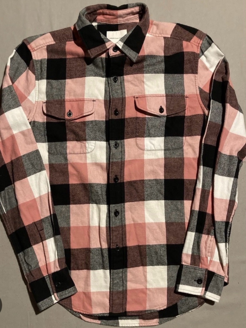 American Eagle Outfitters Black, Pink & White Plaid Button-Down Shirt